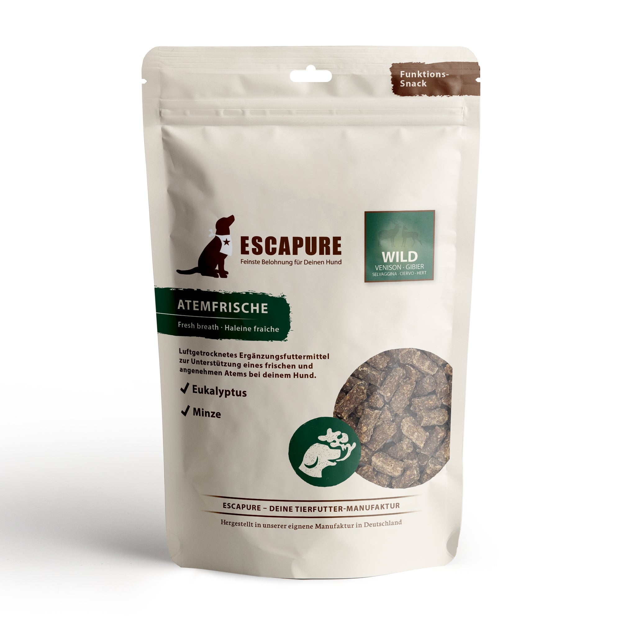 Escapure dog breath freshener snacks with eucalyptus and mint in resealable pouch