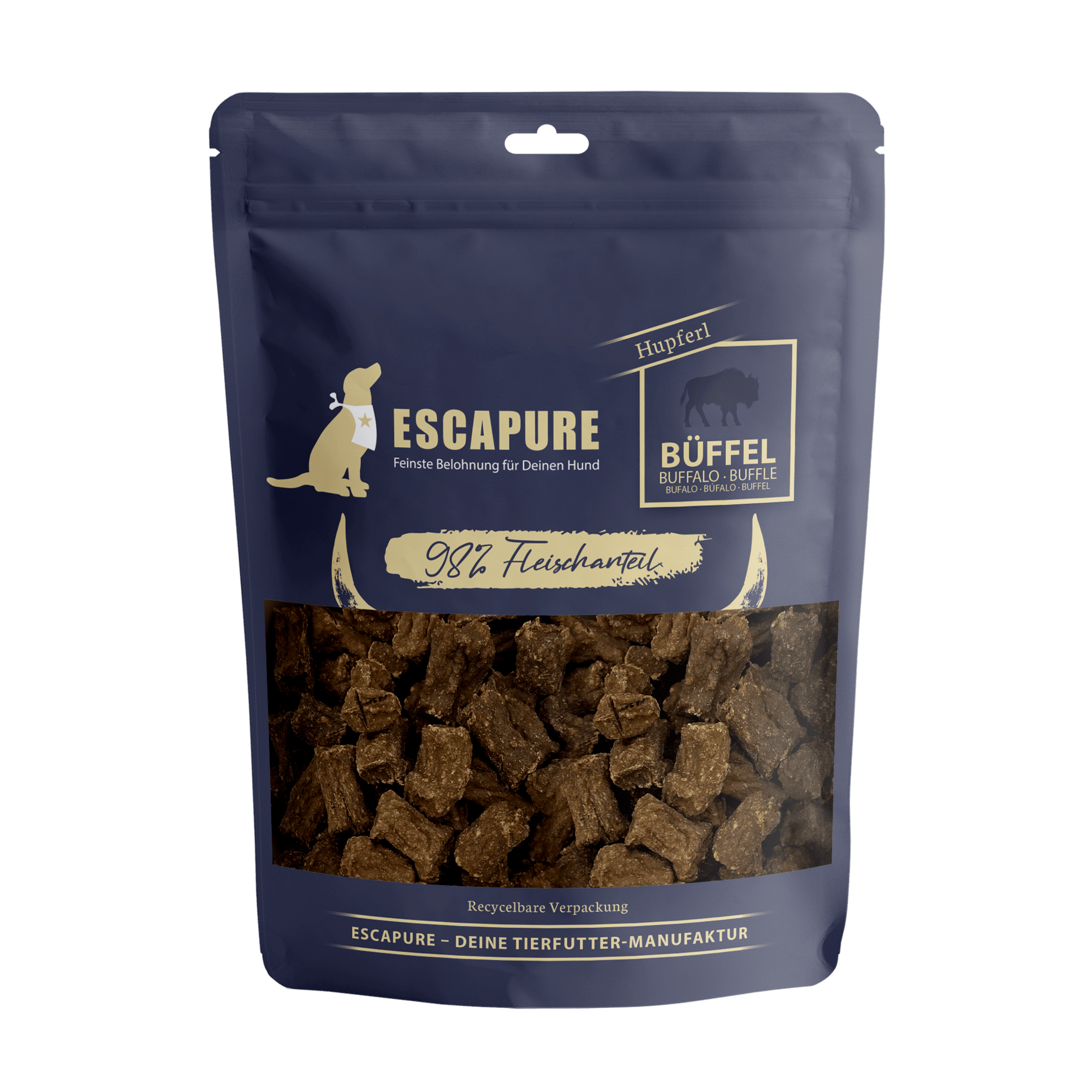 Escapure Büffel Hupferl dog treats in resealable dark navy pouch with window showing buffalo snacks