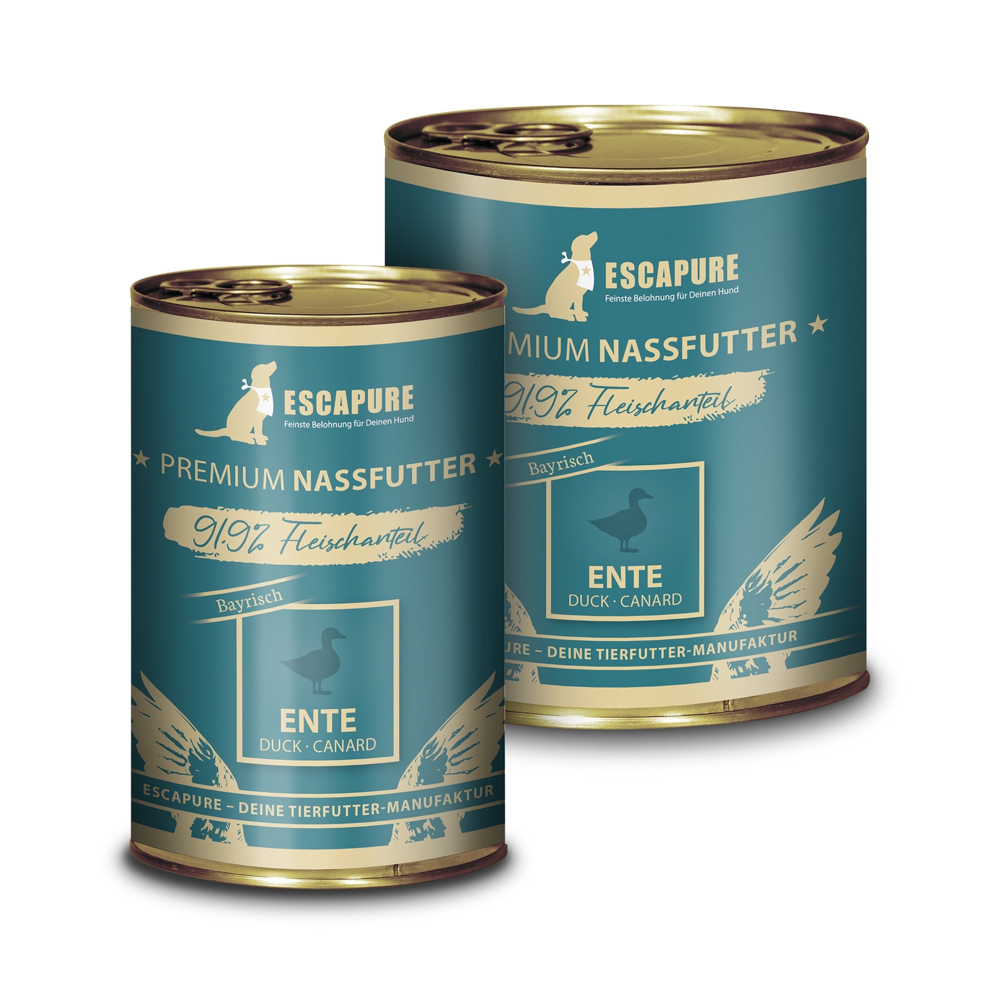 Two sizes of Escapure Ente-Bayrisch duck wet dog food cans showing 91% meat content