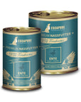 Two sizes of Escapure Ente-Bayrisch duck wet dog food cans showing 91% meat content