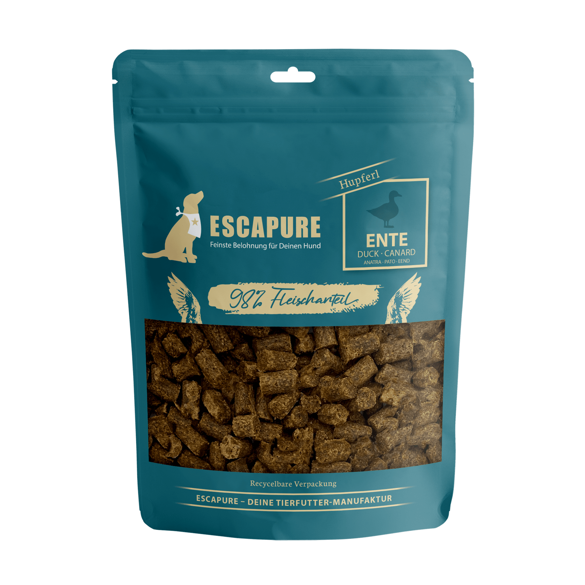 Teal resealable pouch of Escapure Enten Hupferl duck dog treats with 98% meat content