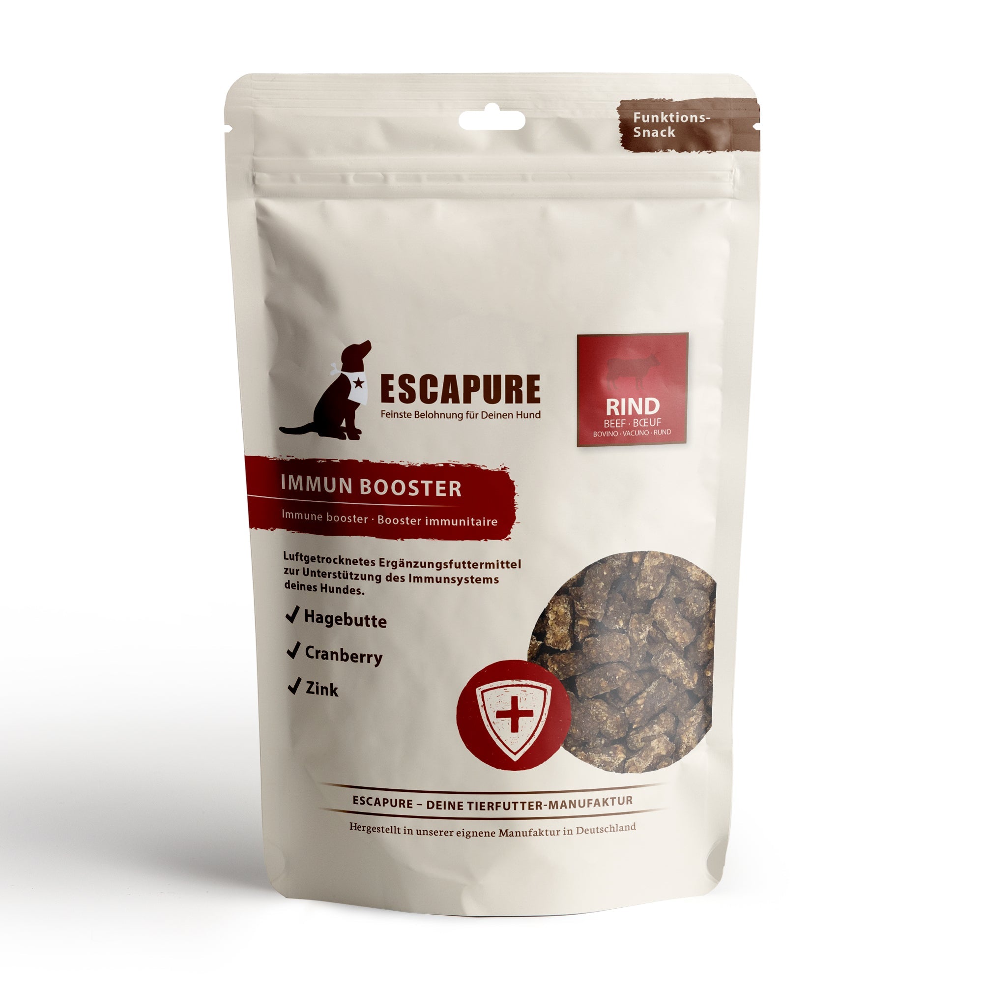 Escapure Immun Booster air-dried beef dog snack pouch with rosehip and cranberry