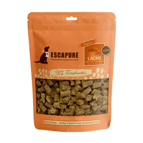 Escapure Salmon Hupferl Softies dog treats in orange resealable pouch with 98% meat content
