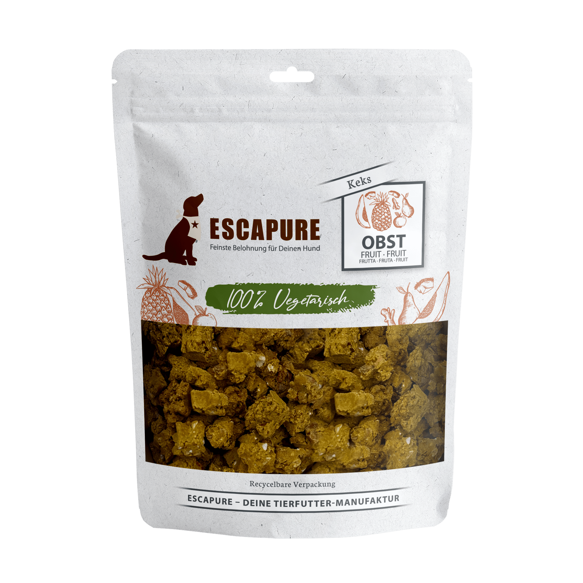 Escapure Obstblume dog treats in resealable pouch with fruit flavor and 100% vegetarian snacks