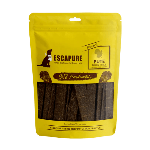 Escapure Puten Stangerl turkey dog treats in resealable yellow pouch with 98% meat content