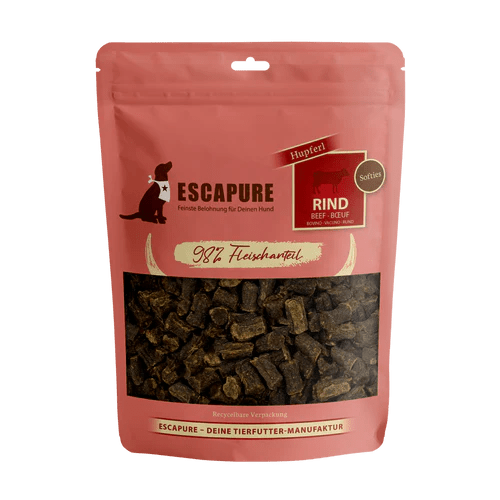 Escapure Rinder Hupferl Softies dog treats in resealable pink pouch with 98% beef content