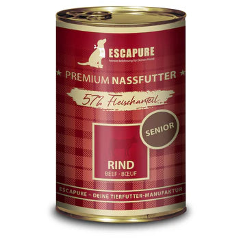 Escapure Senior Beef wet dog food can with 57% meat content and red checkered label
