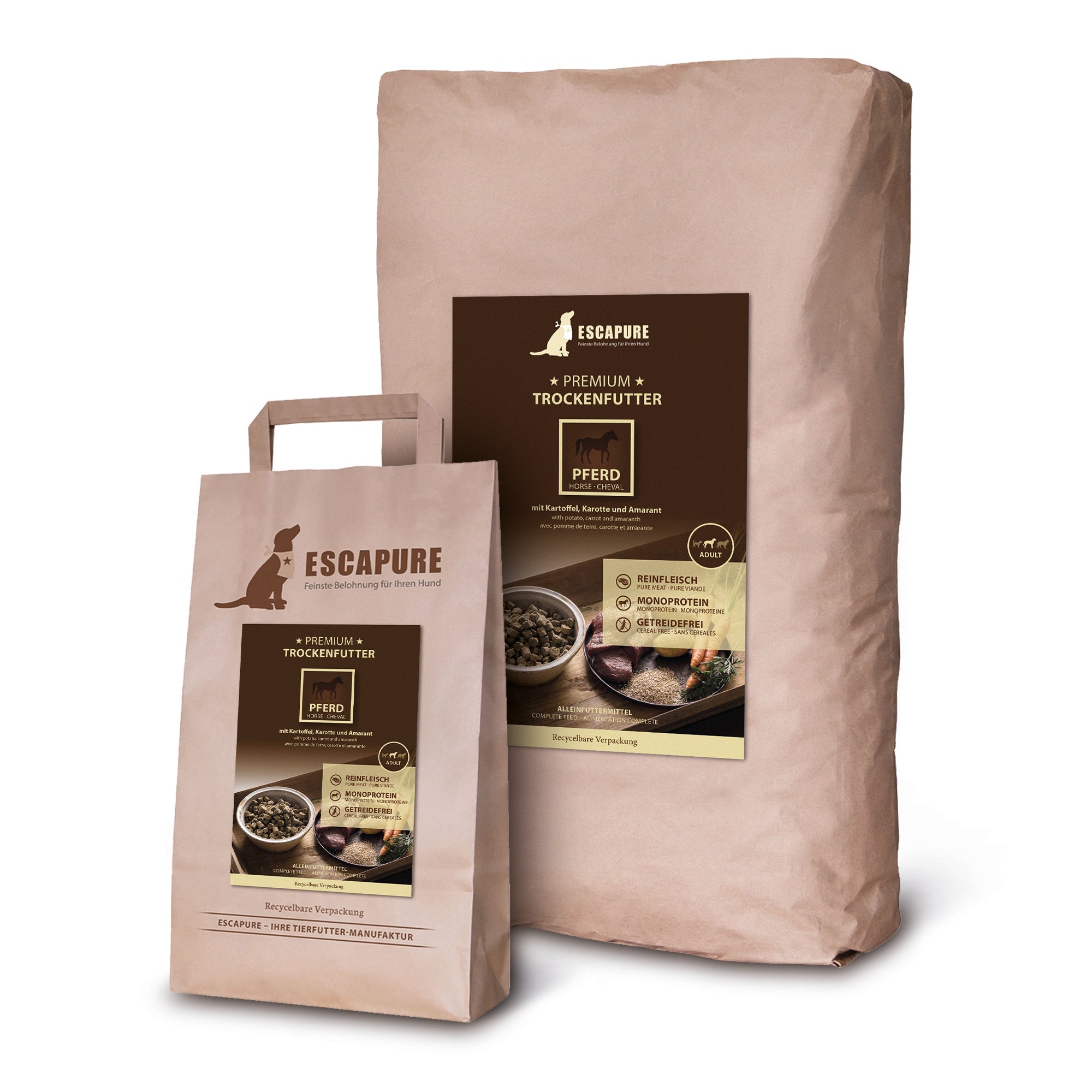 Escapure Premium Horse Dry Dog Food in Brown Paper Packaging with Potato Carrot Amaranth