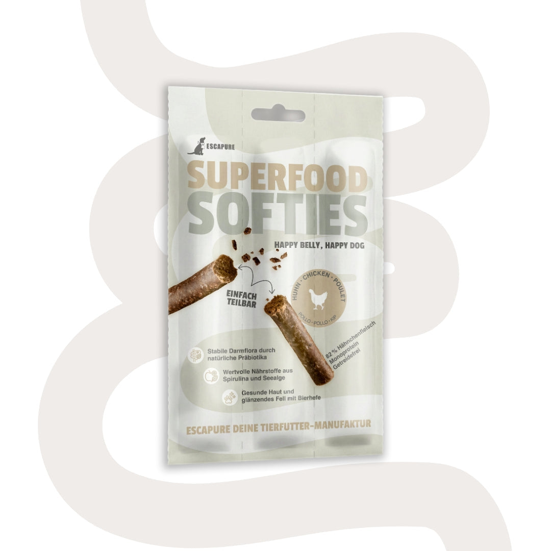 Escapure Superfood Soft Sticks Huhn dog treats chicken monoprotein grain-free resealable pouch