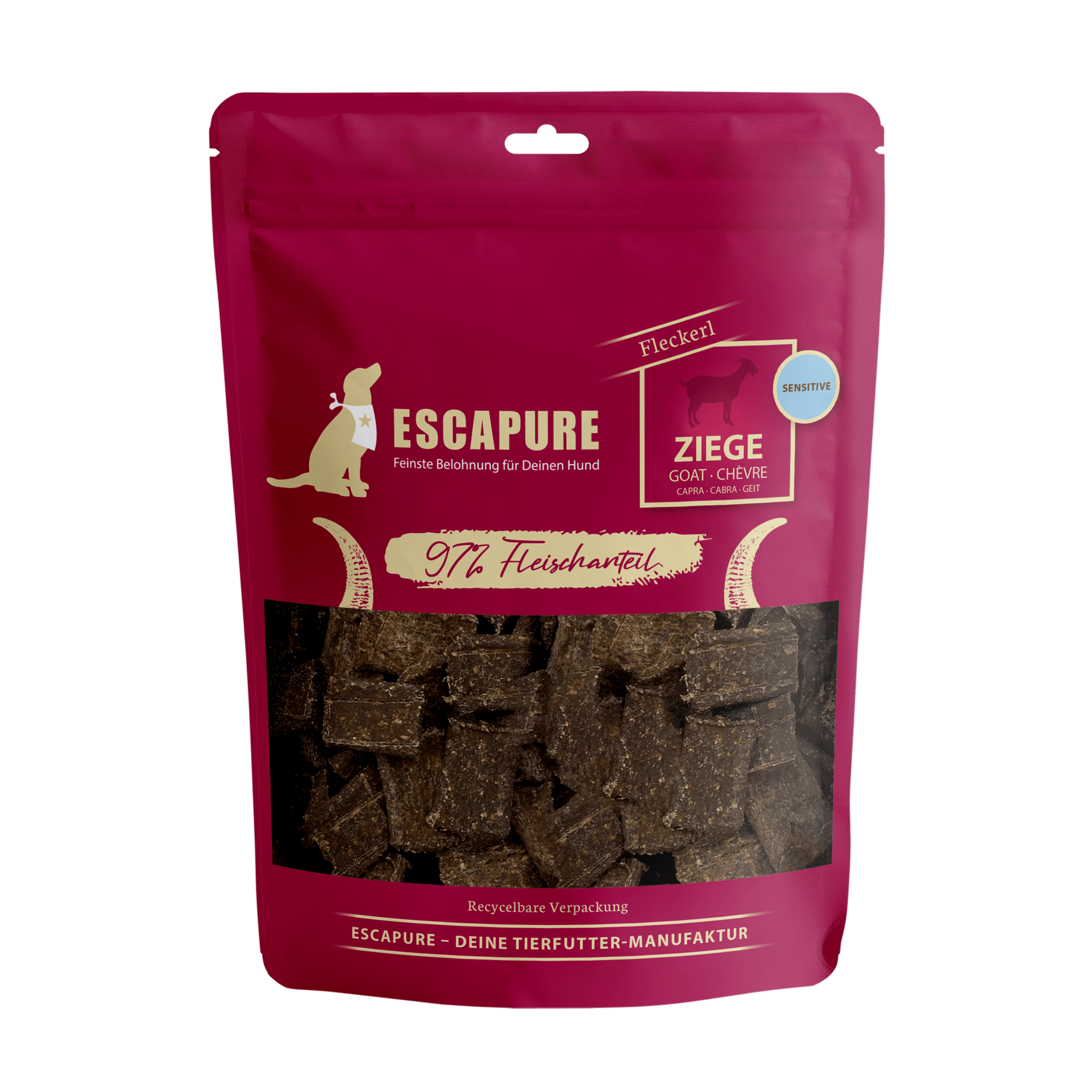 Escapure Ziegen Fleckerl dog treats in maroon resealable pouch with 97% goat meat and sensitive formula