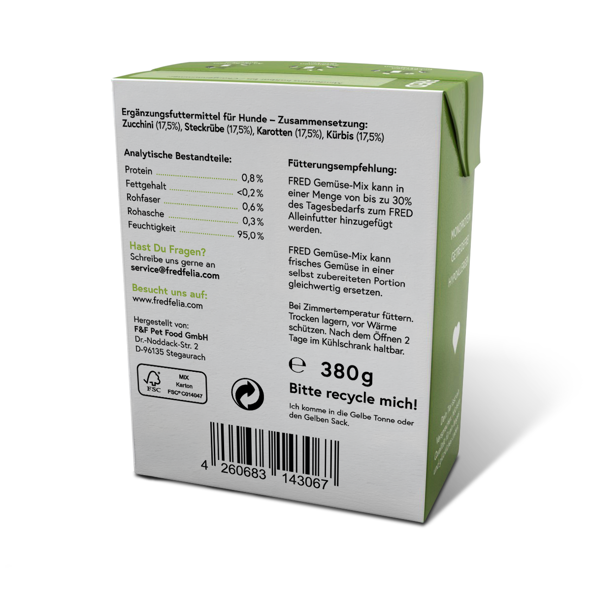FRED Gemüse-Mix Ergänzungsfutter für Hunde, Rückseite des Tetra Pak mit Deklaration