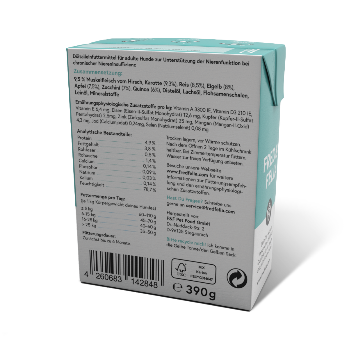 FRED VET Low Protein Nassfutter für Hunde, Rückseite des Tetra Pak mit Deklaration
