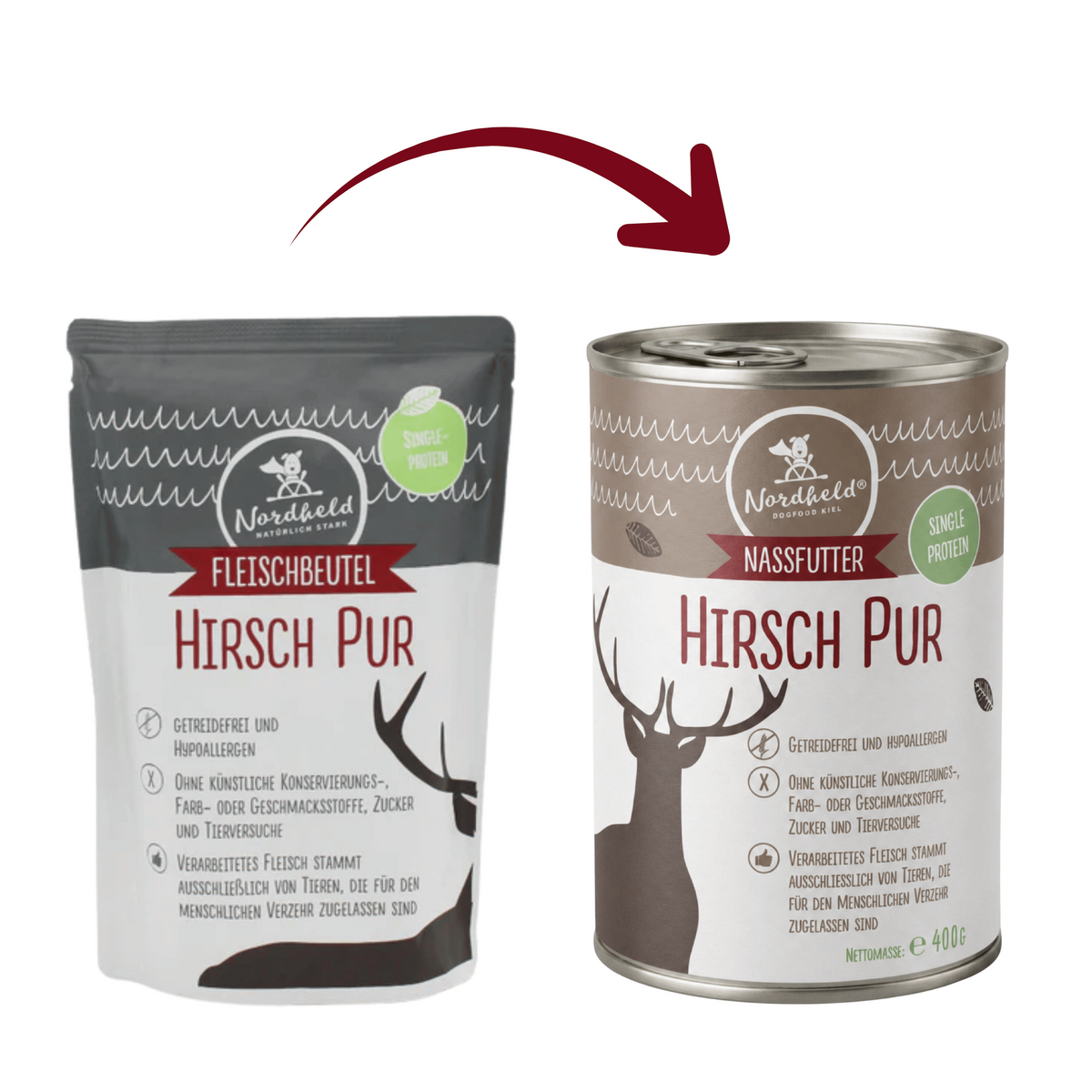 Comparison of Nordheld Hirsch Pur pouch and metal can packaging formats