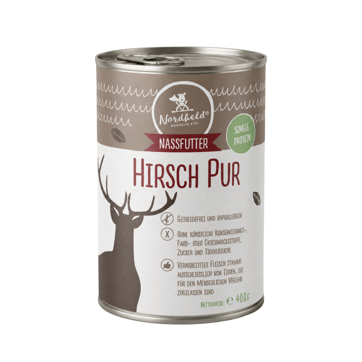 Nordheld Hirsch Pur grain-free hypoallergenic single protein wet dog food can with stag silhouette
