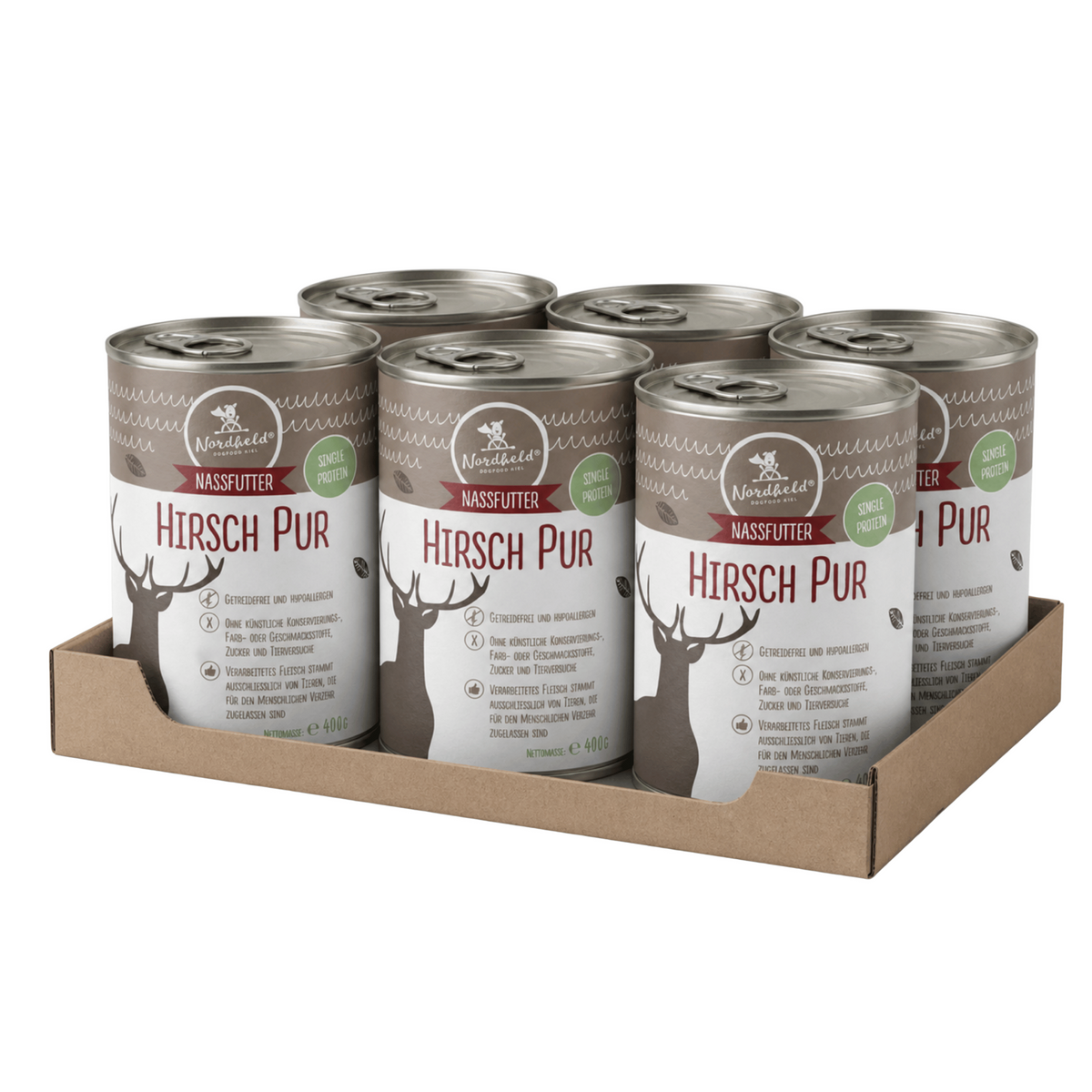 Six-pack of Nordheld Hirsch Pur grain-free wet dog food cans in cardboard tray