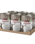 Six-pack of Nordheld Hirsch Pur grain-free wet dog food cans in cardboard tray