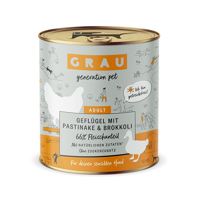 Grau Hund Geflügel mit Pastinake/Brokkoli