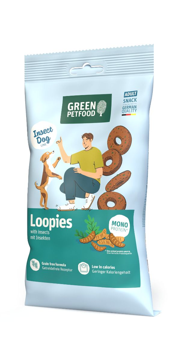 Green Petfood Loopies insect dog snacks resealable pouch grain free low calorie adult treats