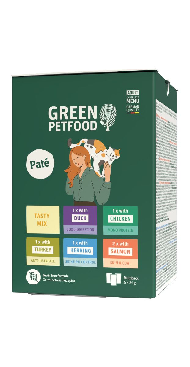 Green Petfood Paté Multipack Tasty Mix grain-free wet cat food 6x85g with duck chicken turkey herring salmon