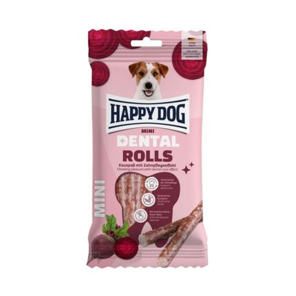 Happy Dog Mini Dental Rolls dog snacks in pink pouch with beet diet and textured rolls
