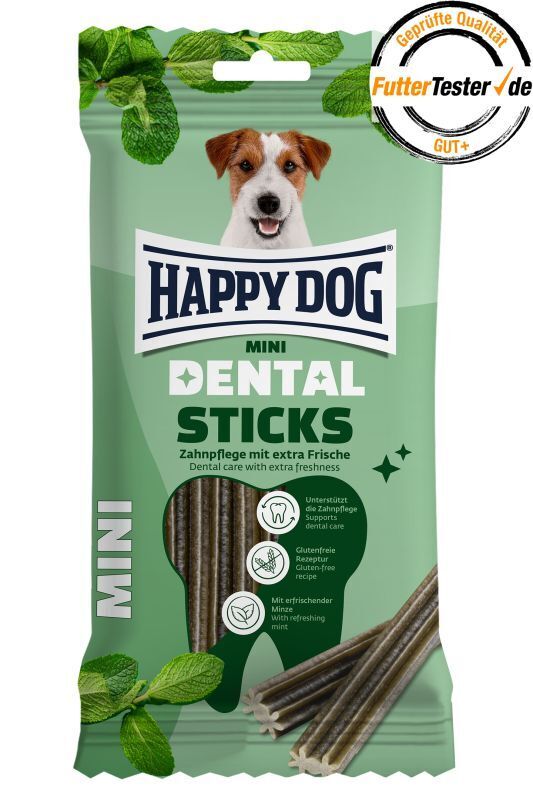 Happy Dog Mini Dental Sticks in green pouch with mint flavor and gluten-free dental care for dogs