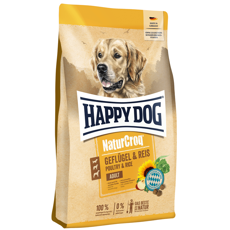 Happy Dog NaturCroq Poultry & Rice dry dog food bag with golden retriever illustration and Bavarian seal