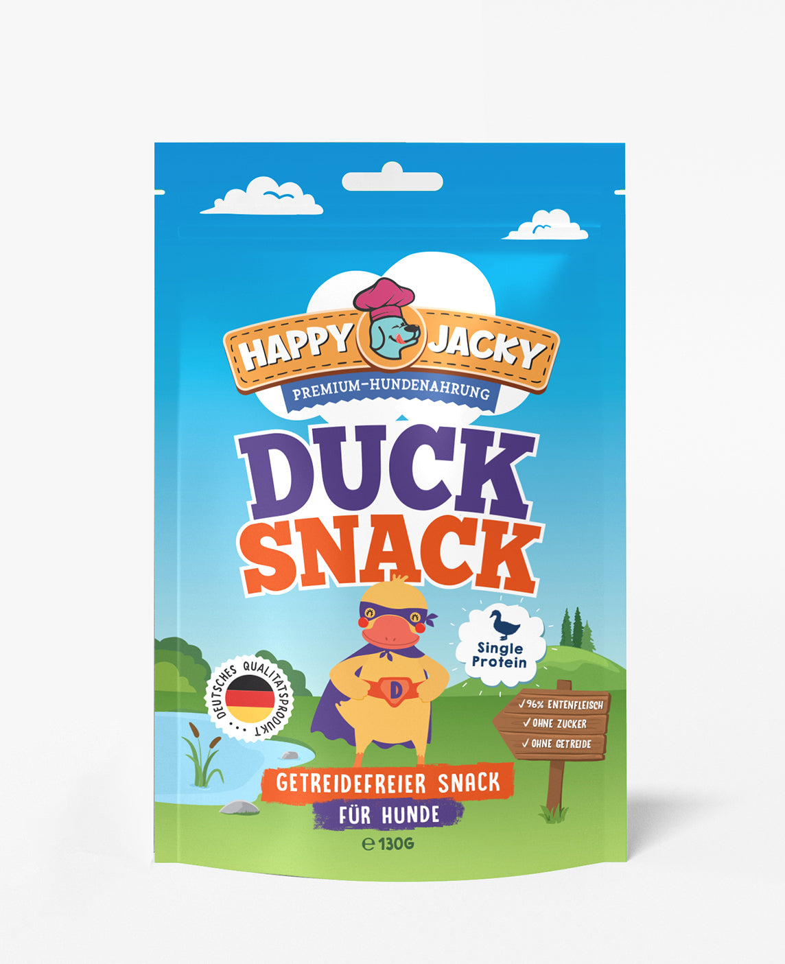 Artikel mit dem Namen Happy Jacky Duck Snack im Shop von zoo.de , dem Onlineshop für nachhaltiges Hundefutter und Katzenfutter.