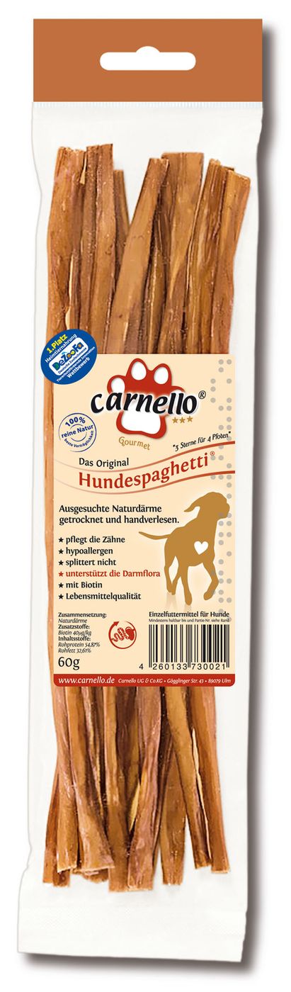 Artikel mit dem Namen Carnello Hundespaghetti 60g im Shop von zoo.de , dem Onlineshop für nachhaltiges Hundefutter und Katzenfutter.