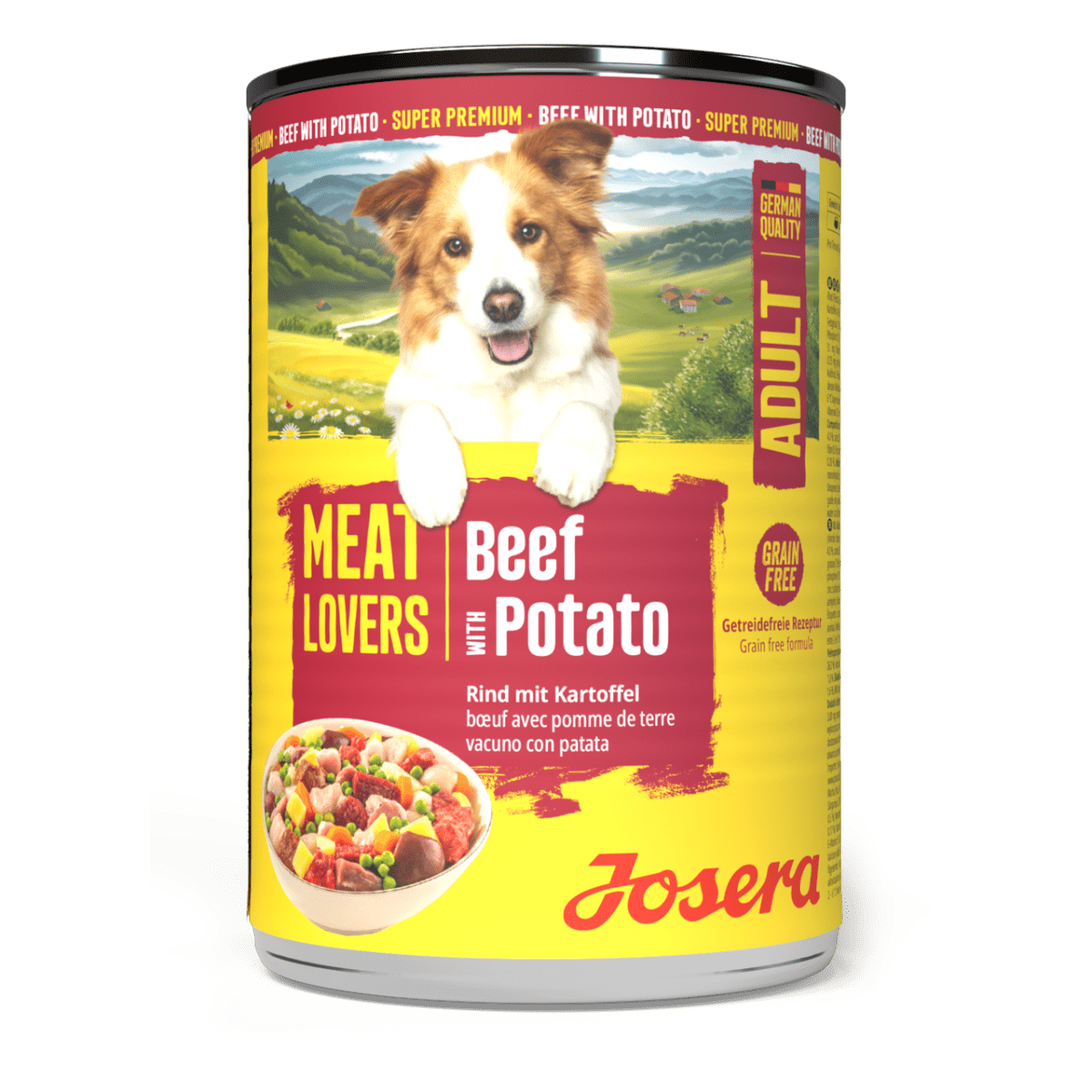 Josera Meat Lovers Menu Beef & Potato Hundenassfutter, Dose seitlich gedreht