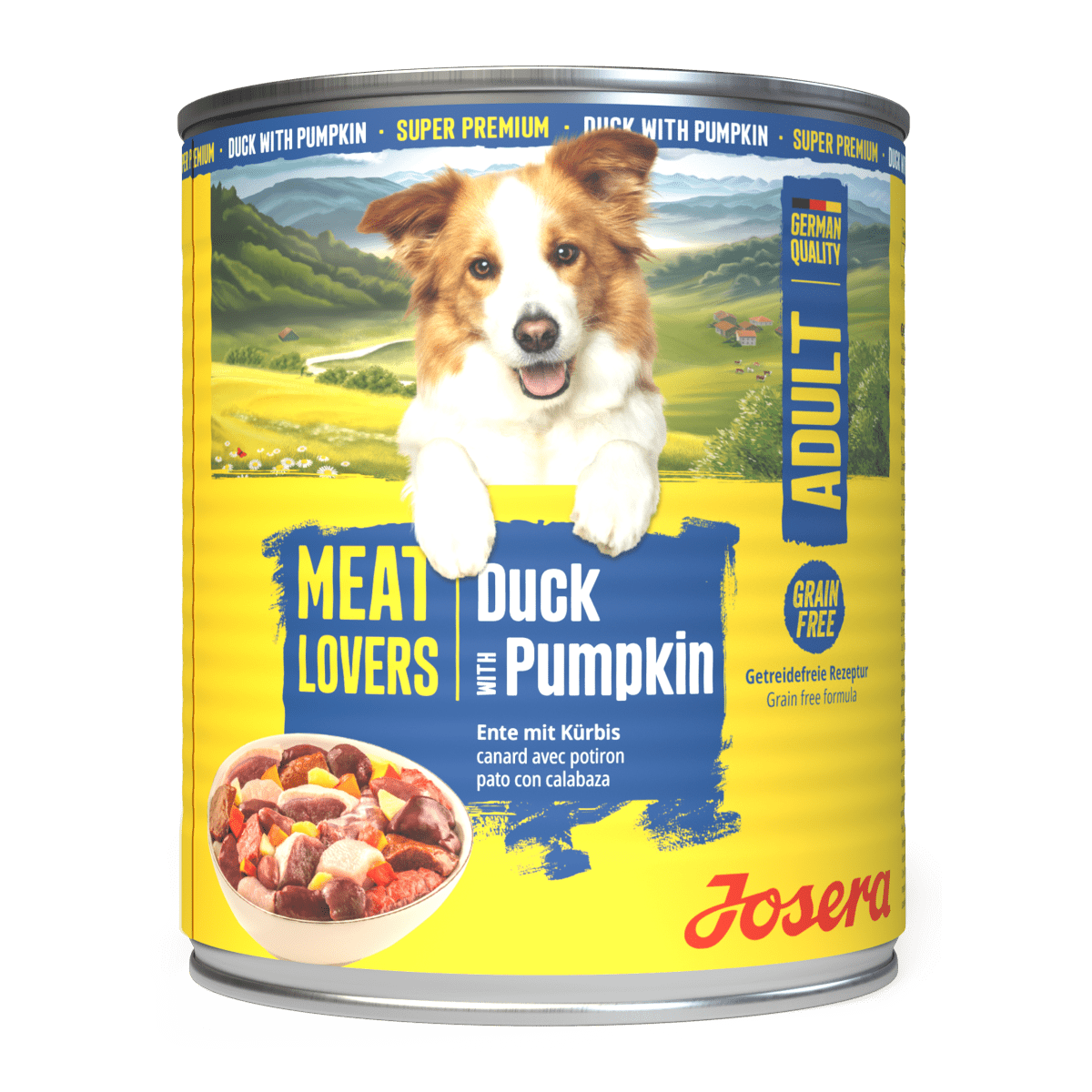 Josera Meat Lovers Menu Duck & Pumpkin Hundenassfutter, Dose in Seitenansicht