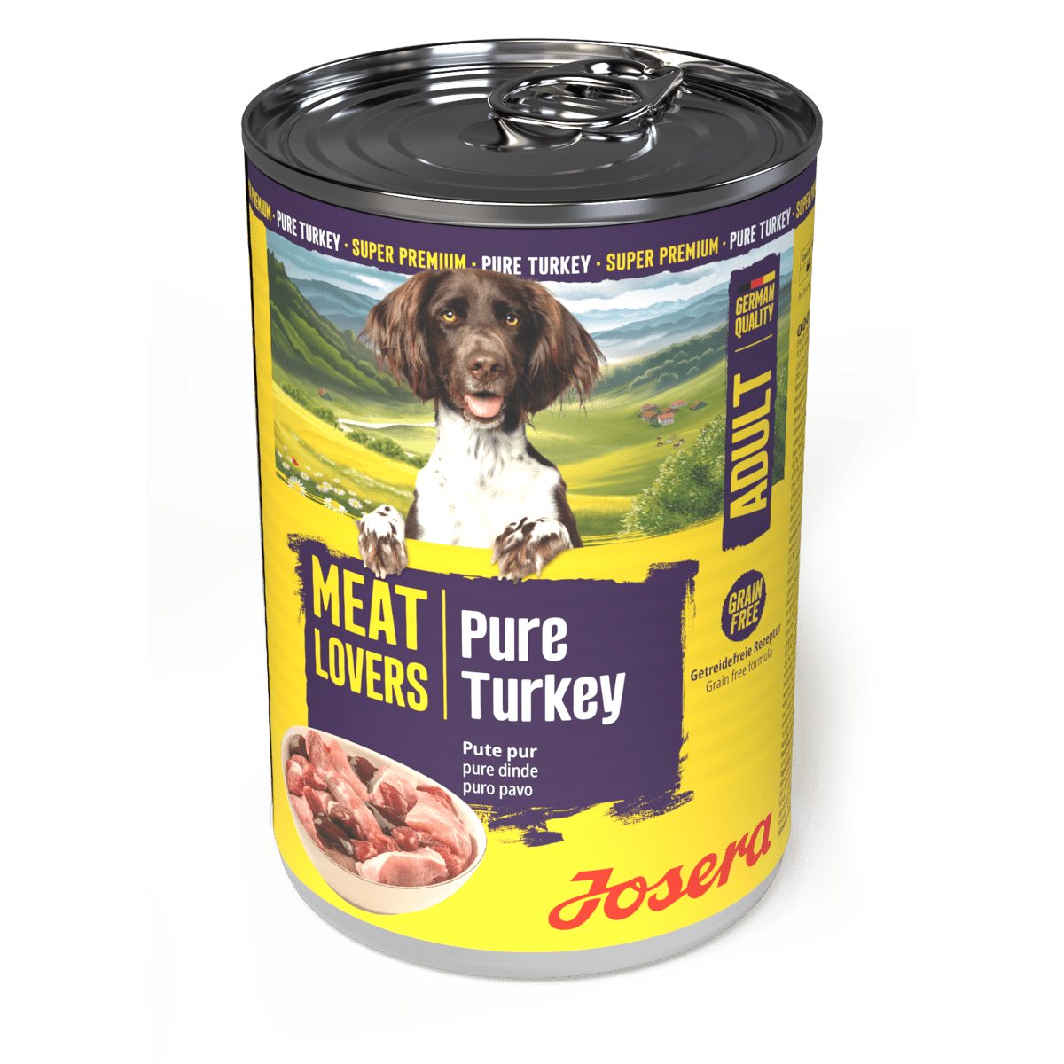 Josera Meat Lovers Pure Turkey Hundenassfutter, Dose in Seitenansicht mit Aufreißdeckel
