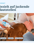 Person applying zooVital itch relief liquid to brown dog neck for targeted skin care