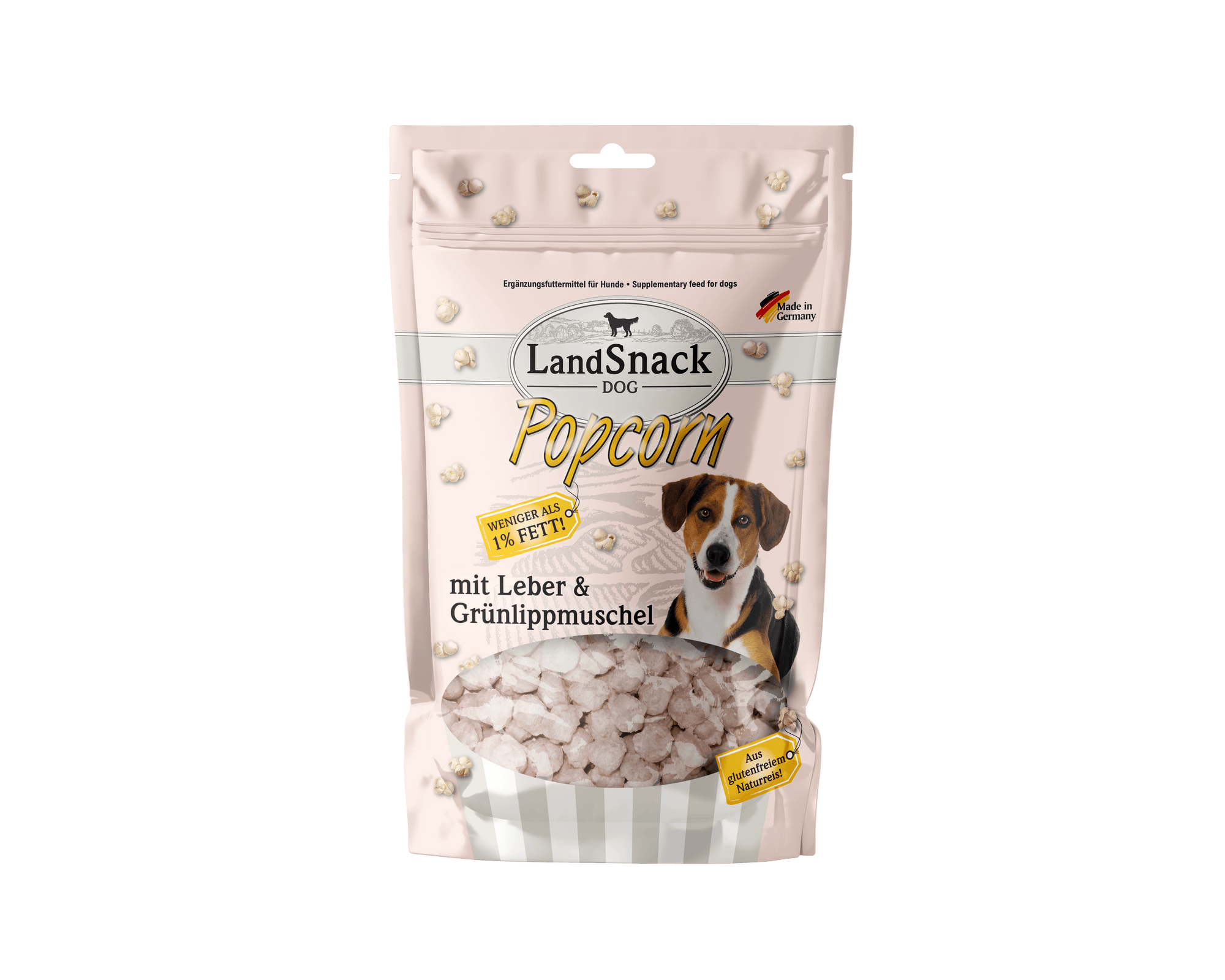 Artikel mit dem Namen LandSnack Dog Popcorn Leber und Grünlippmuschel im Shop von zoo.de , dem Onlineshop für nachhaltiges Hundefutter und Katzenfutter.