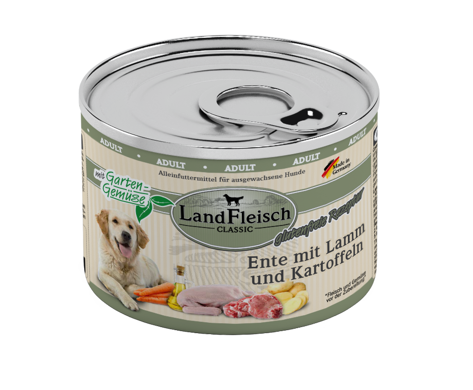 Artikel mit dem Namen Landfleisch Dog Classic Ente mit Lamm, Kartoffeln und Gartengemüse im Shop von zoo.de , dem Onlineshop für nachhaltiges Hundefutter und Katzenfutter.