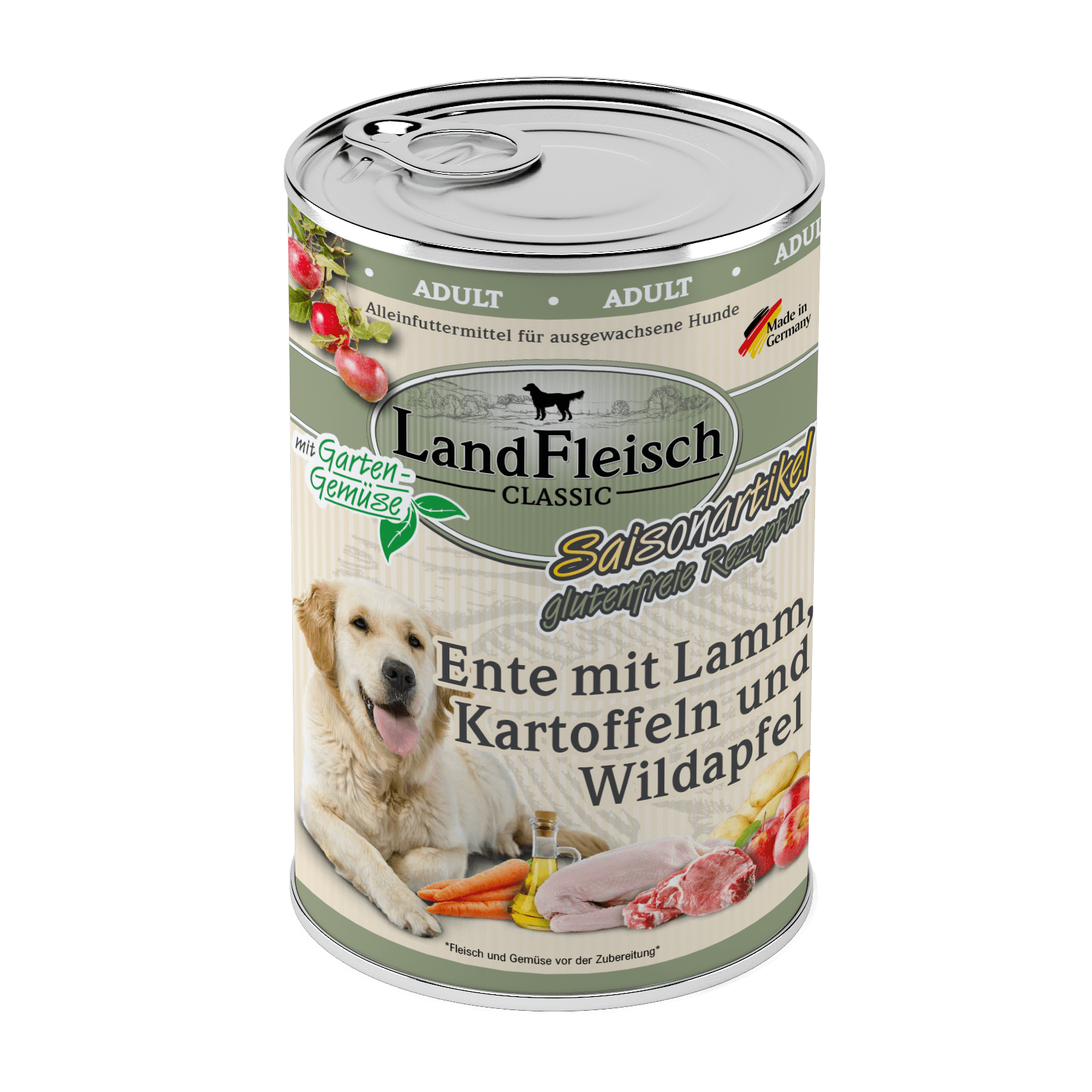 Artikel mit dem Namen Landfleisch Dog Classic Ente mit Lamm, Kartoffeln und Gartengemüse im Shop von zoo.de , dem Onlineshop für nachhaltiges Hundefutter und Katzenfutter.