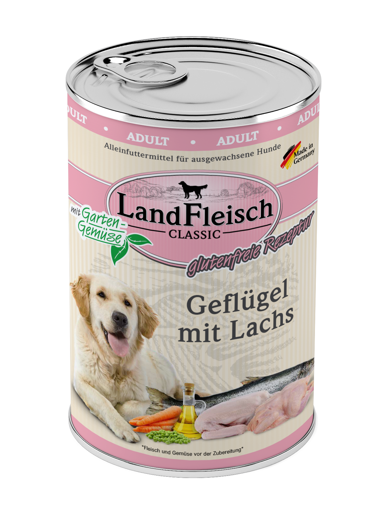 Artikel mit dem Namen Landfleisch Dog Classic Geflügel mit Lachs und Gartengemüse im Shop von zoo.de , dem Onlineshop für nachhaltiges Hundefutter und Katzenfutter.