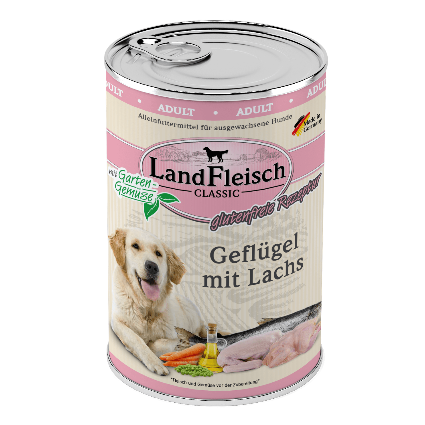Artikel mit dem Namen Landfleisch Dog Classic Geflügel mit Lachs und Gartengemüse im Shop von zoo.de , dem Onlineshop für nachhaltiges Hundefutter und Katzenfutter.