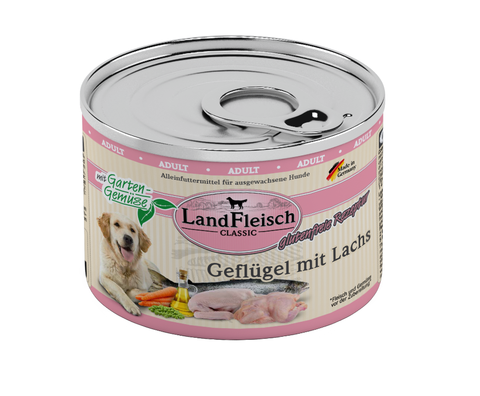 Artikel mit dem Namen Landfleisch Dog Classic Geflügel mit Lachs und Gartengemüse im Shop von zoo.de , dem Onlineshop für nachhaltiges Hundefutter und Katzenfutter.