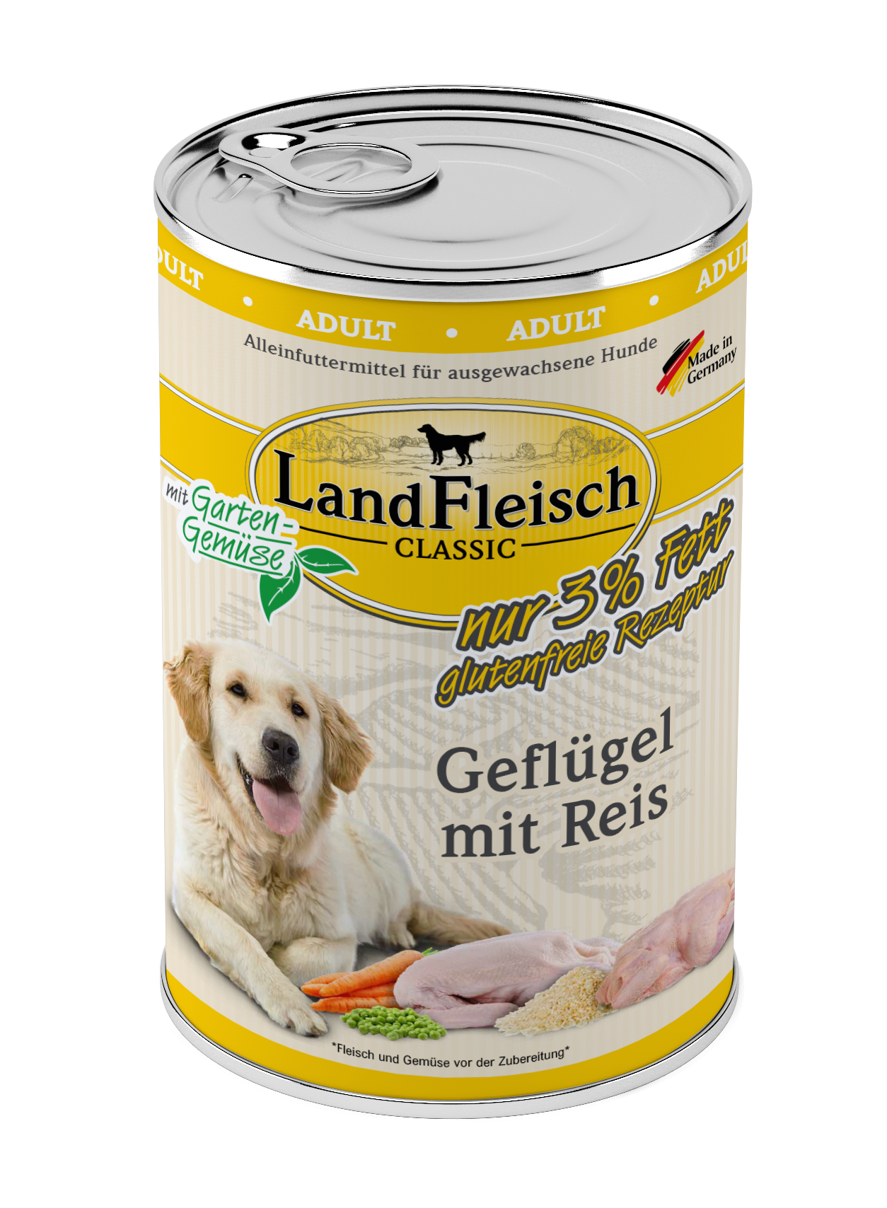 Artikel mit dem Namen Landfleisch Dog Classic Geflügel mit Reis und Gartengemüse extra mager im Shop von zoo.de , dem Onlineshop für nachhaltiges Hundefutter und Katzenfutter.