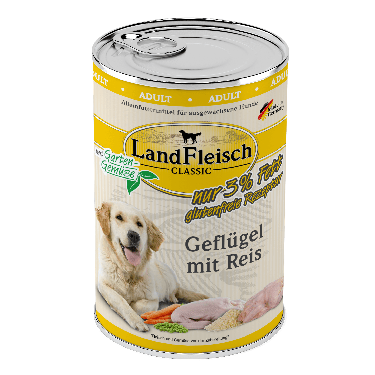 Artikel mit dem Namen Landfleisch Dog Classic Geflügel mit Reis und Gartengemüse extra mager im Shop von zoo.de , dem Onlineshop für nachhaltiges Hundefutter und Katzenfutter.