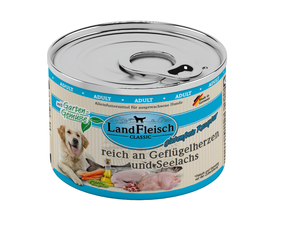 Artikel mit dem Namen Landfleisch Dog Classic Geflügelherzen und Seelachs mit Gartengemüse im Shop von zoo.de , dem Onlineshop für nachhaltiges Hundefutter und Katzenfutter.