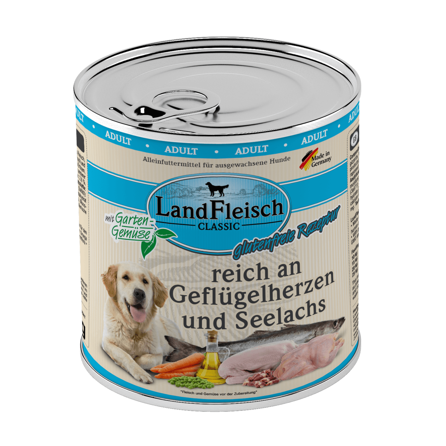 Artikel mit dem Namen Landfleisch Dog Classic Geflügelherzen und Seelachs mit Gartengemüse im Shop von zoo.de , dem Onlineshop für nachhaltiges Hundefutter und Katzenfutter.