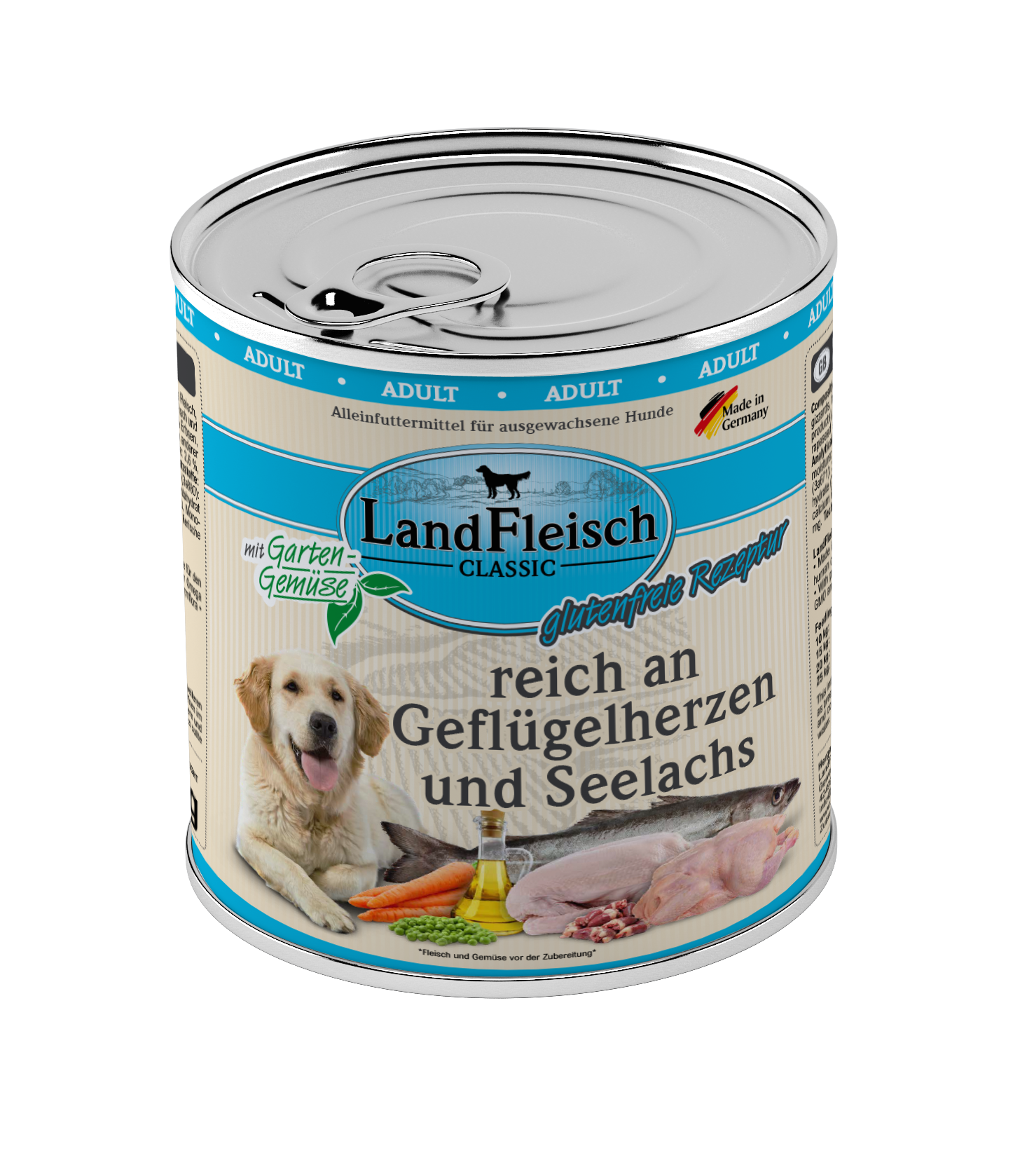 Artikel mit dem Namen Landfleisch Dog Classic Geflügelherzen und Seelachs mit Gartengemüse im Shop von zoo.de , dem Onlineshop für nachhaltiges Hundefutter und Katzenfutter.