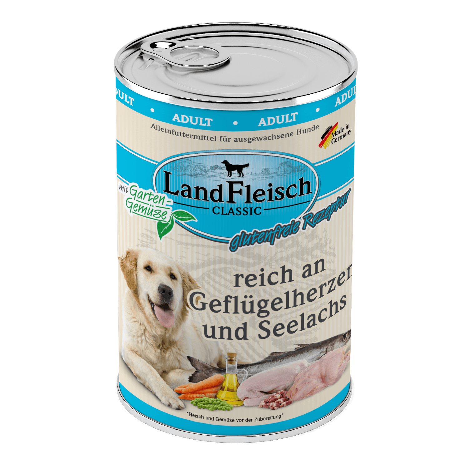 Artikel mit dem Namen Landfleisch Dog Classic Geflügelherzen und Seelachs mit Gartengemüse im Shop von zoo.de , dem Onlineshop für nachhaltiges Hundefutter und Katzenfutter.