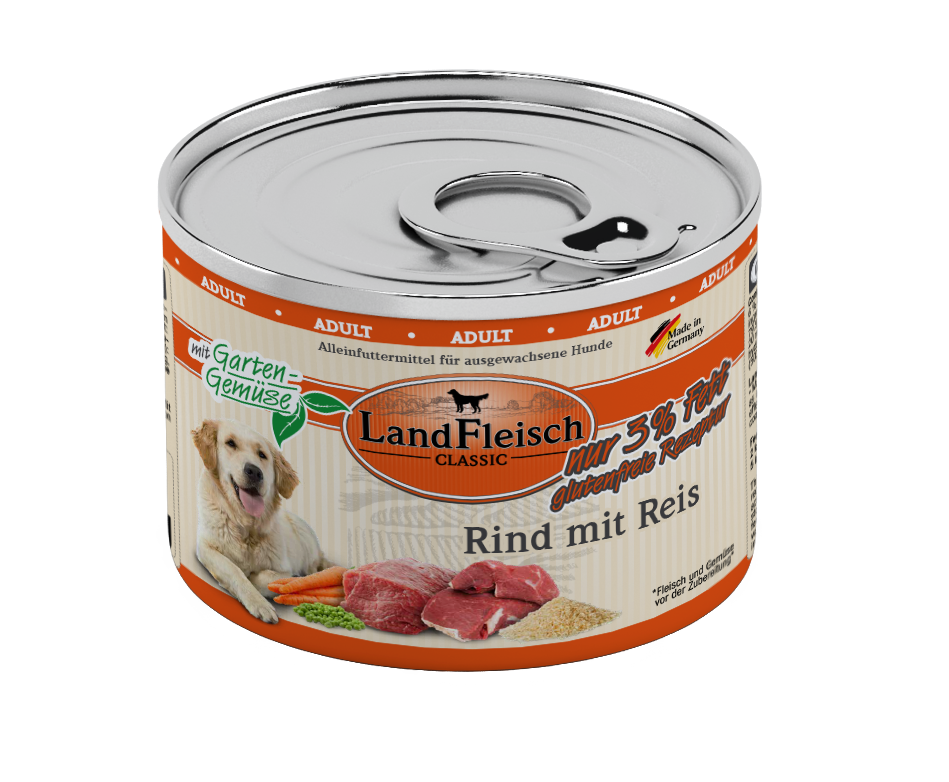 Artikel mit dem Namen Landfleisch Dog Classic Rind mit Reis und Gartengemüse extra mager im Shop von zoo.de , dem Onlineshop für nachhaltiges Hundefutter und Katzenfutter.