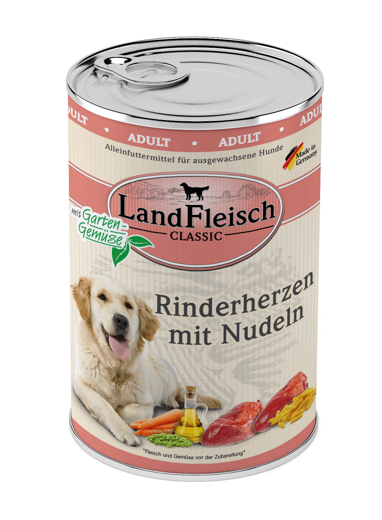 Landfleisch Dog Classic Rinderherzen mit Nudeln und Gartengemüse