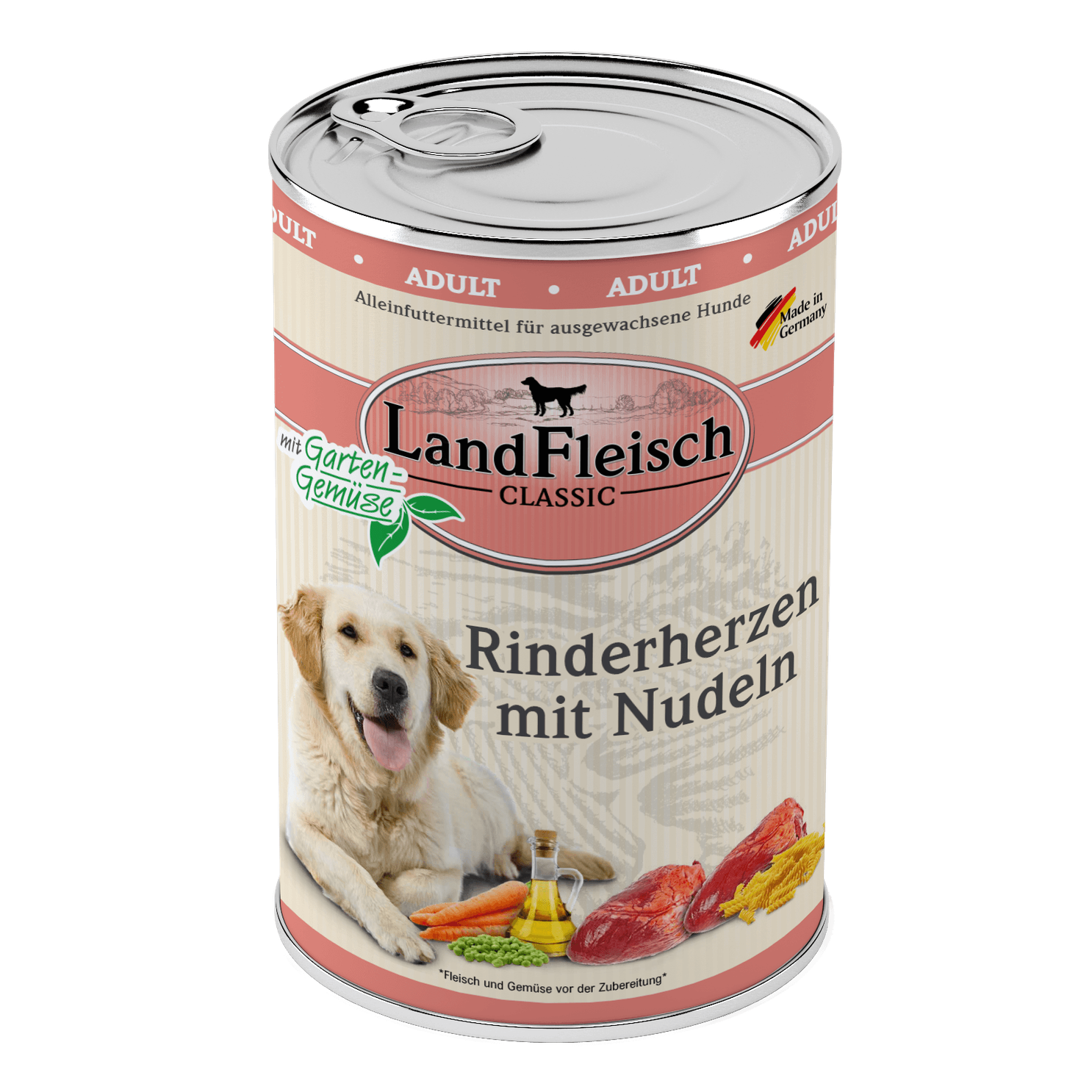 Landfleisch Dog Classic Rinderherzen mit Nudeln und Gartengemüse