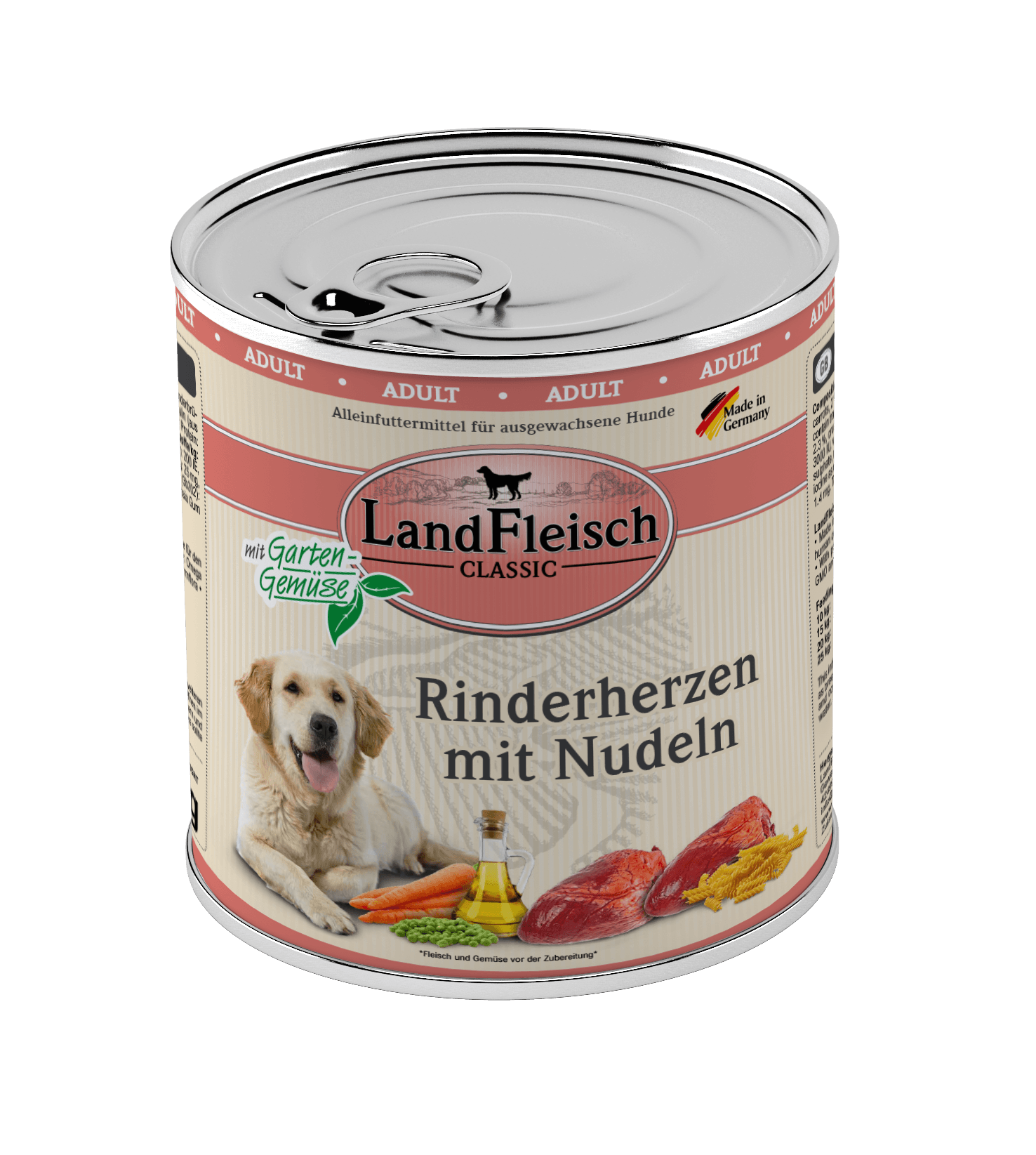 Landfleisch Dog Classic Rinderherzen mit Nudeln und Gartengemüse