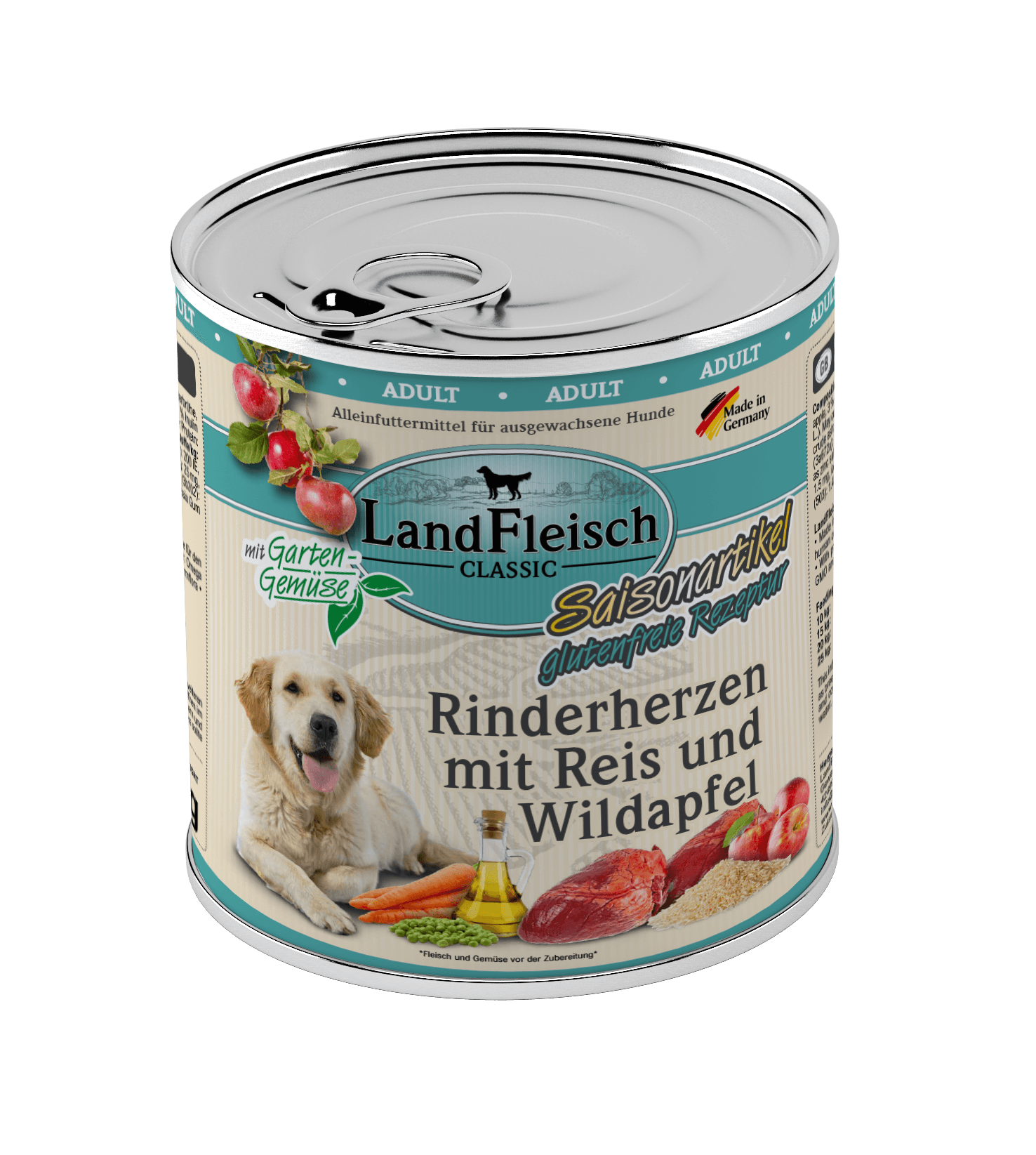 Landfleisch Dog Classic Rinderherzen mit Reis, Wildapfel und Gartengemüse