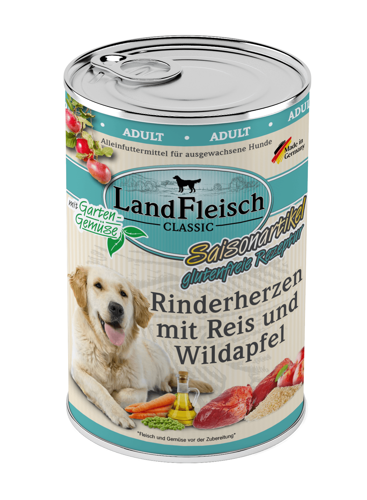 Landfleisch Dog Classic Rinderherzen mit Reis, Wildapfel und Gartengemüse